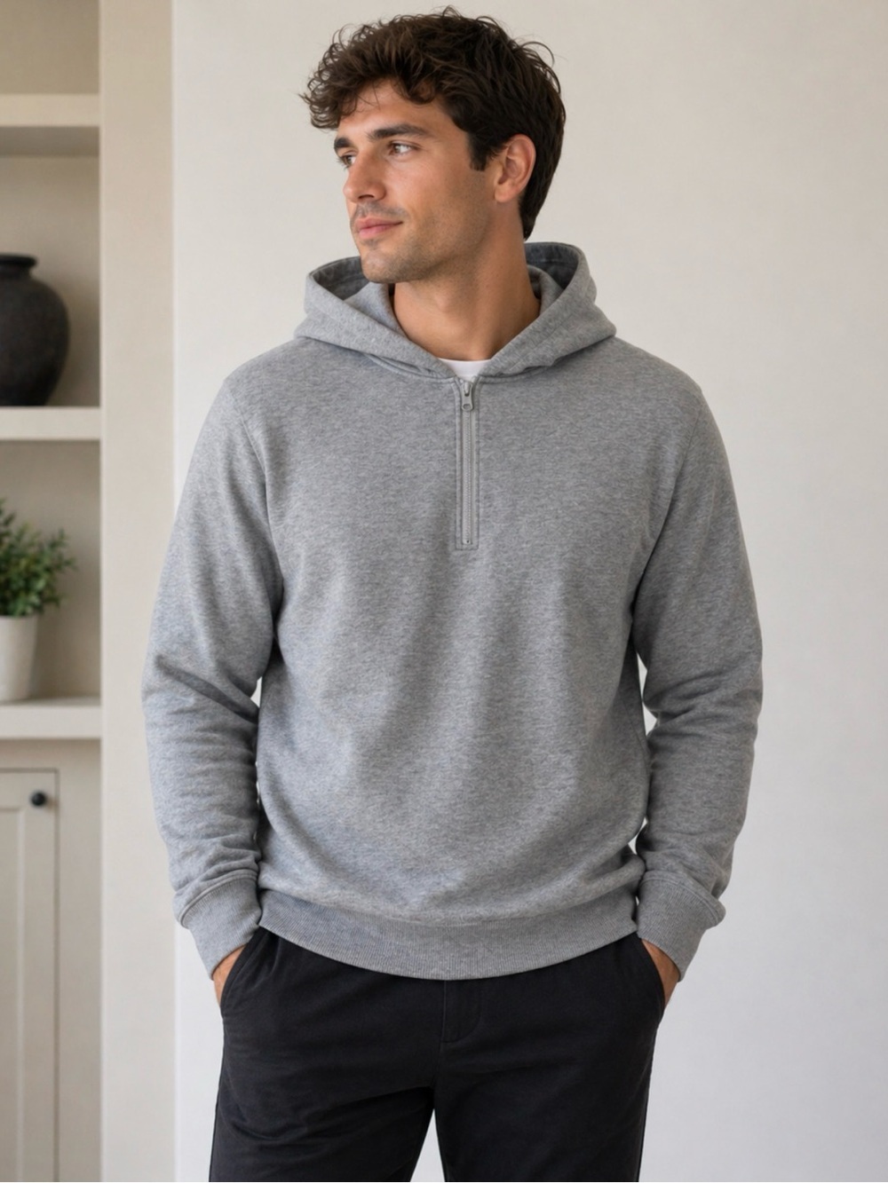 Men's Quarter-Zip Hooded Sweater in Heather Grey